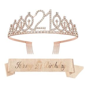 21st Birthday Rose Gold Tiara & Sash "It's My 21st Birthday" Crown NEW!